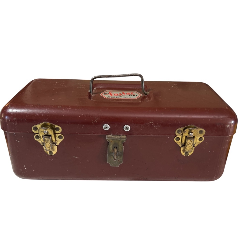 Vintage The Foster Line Box Metal Tackle / Tool Burgundy Red Distressed Rustic